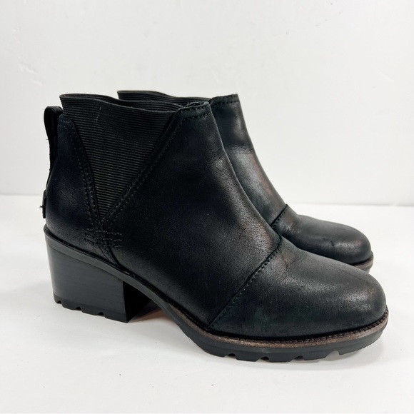 Sorel Cate Chelsea Ankle Boot Black Leather Block Heel Bootie Women’s size 5 - Picture 2 of 12
